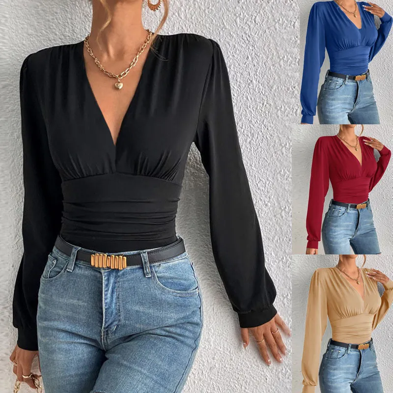 Autumn Long Sleeve Fashion V-neck Solid Color Casual Top Women's Clothing