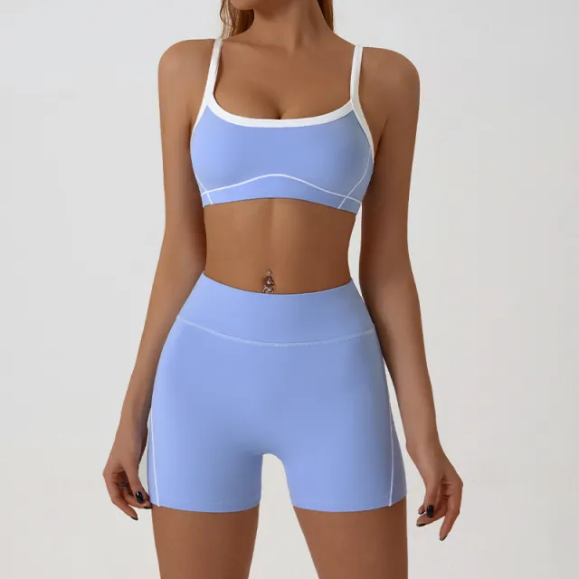 Spaghetti Strap Contrast Color Underwear Sling Yoga Clothes Tight Outdoor Sports Suit Blue - Shop at LoveMi