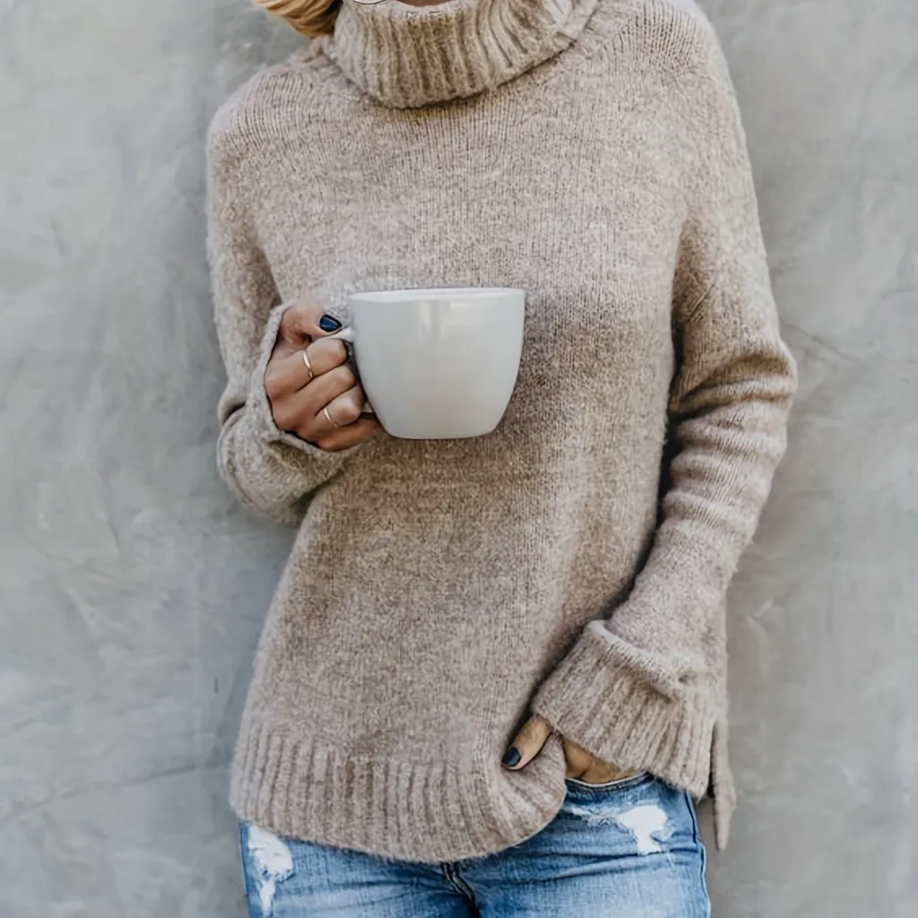 European And American Long Sleeve Turtleneck Solid Women's Sweater - Khaki