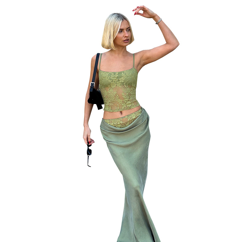 Women's Lace Backless Tube Top Sling Stitching Ruffle Hip Skirt Suit