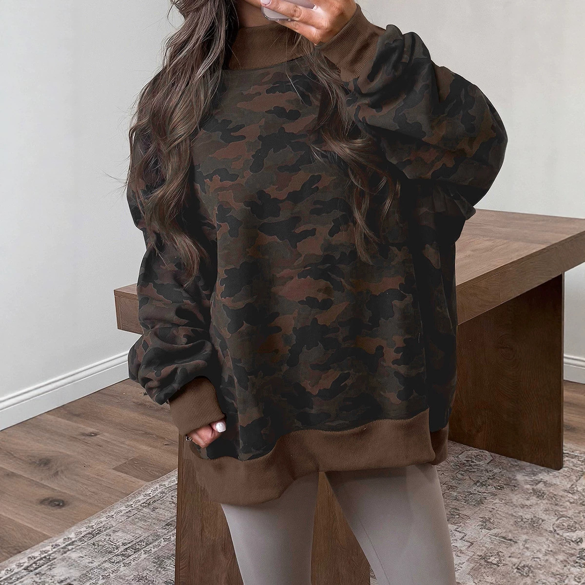 Womens Camouflage-Print Pullover Half-High Neck Sweatshirt