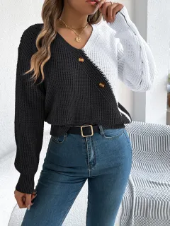 Casual V-neck Button Contrast Color Lantern Sleeve Pullover Sweater - Black - View 1