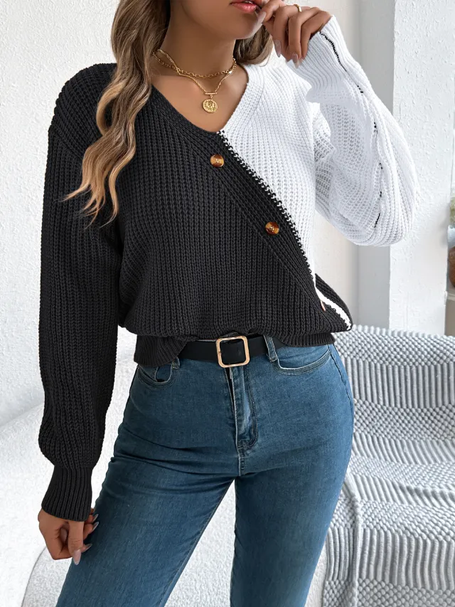 Casual V neck Button Contrast Color Lantern Sleeve Pullover Sweater Black - Shop at LoveMi