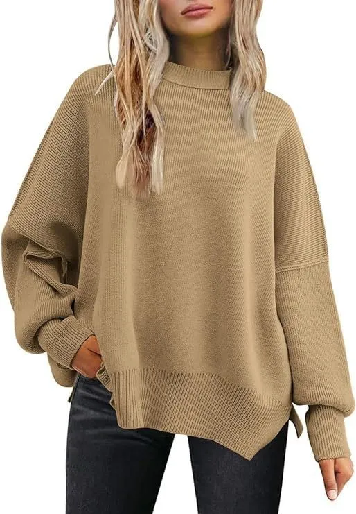 Women's Knitted Side Slit Pullover Khaki - Shop at LoveMi