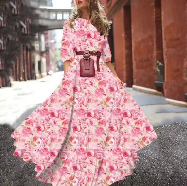 Printed Large Swing Elegant Chiffon Floral Slim fitting Dress Pink - Shop at LoveMi