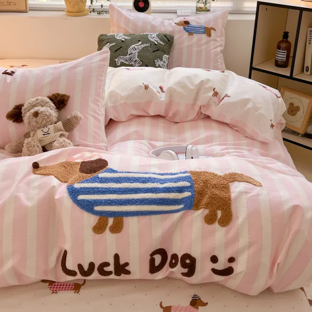 Cotton Towel Embroidery Four piece Set Bed Sheet Fitted Sheet Thickened Striped Sausage Dog - Shop at LoveMi
