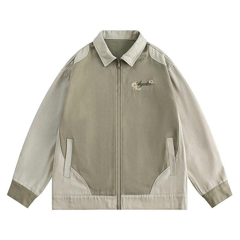 Embroidery Contrast Color Splicing Polo Collar Jacket