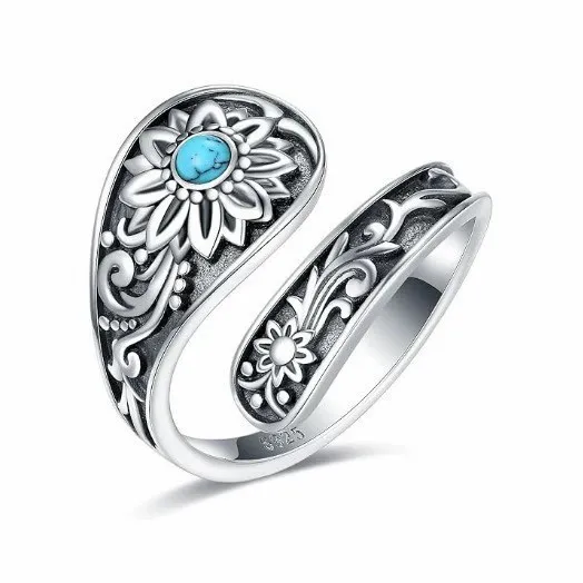 New Accessories European And American Bohemian Retro Sunflower Turquoise Lady's Flower Adjustable Ring Silver - Shop at LoveMi