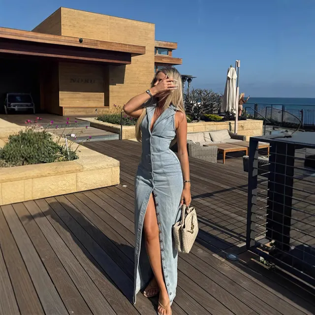 Women's Light Blue Sexy Button Denim Dress Light Blue - Shop at LoveMi