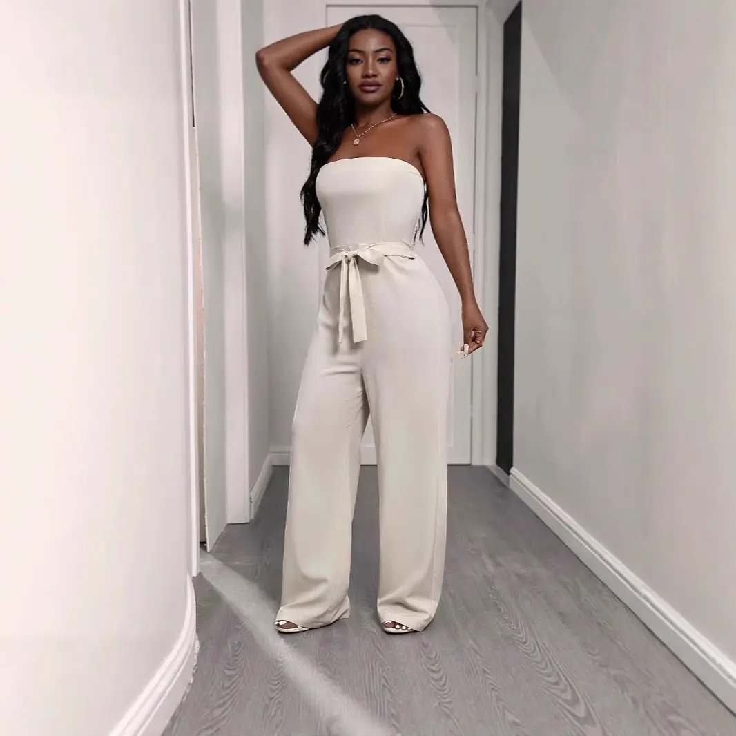 Womens Solid-Color Strapless Long Jumpsuit