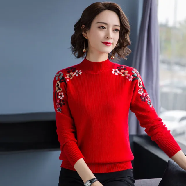 Knitted Pullover Sweater Female Loose Mock Neck Red - Shop at LoveMi