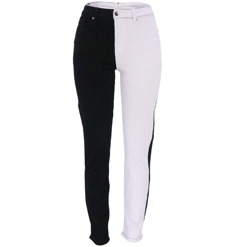 Fashionable Stretch Contrast Color Straight High Waist Jeans For Women Black - Shop at LoveMi