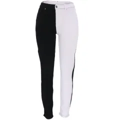 Fashionable Stretch Contrast Color Straight High Waist Jeans For Women - Black - View 1
