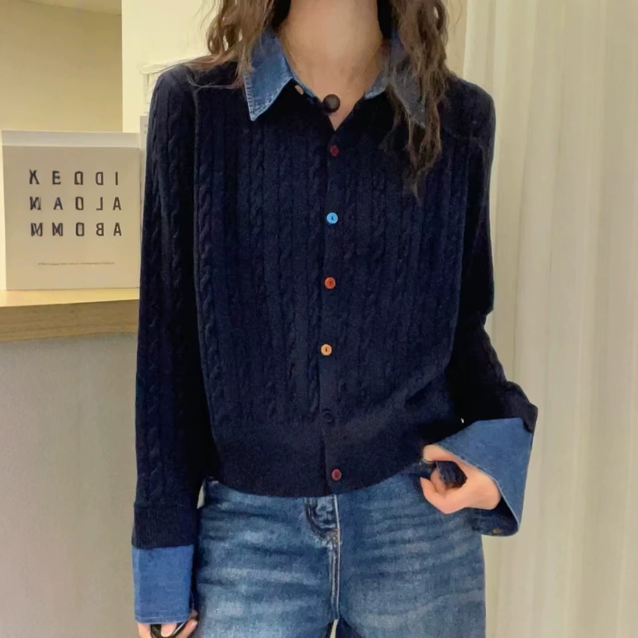 Color-block Age-reducing Knit Cardigan With Colorful Buttons For Women