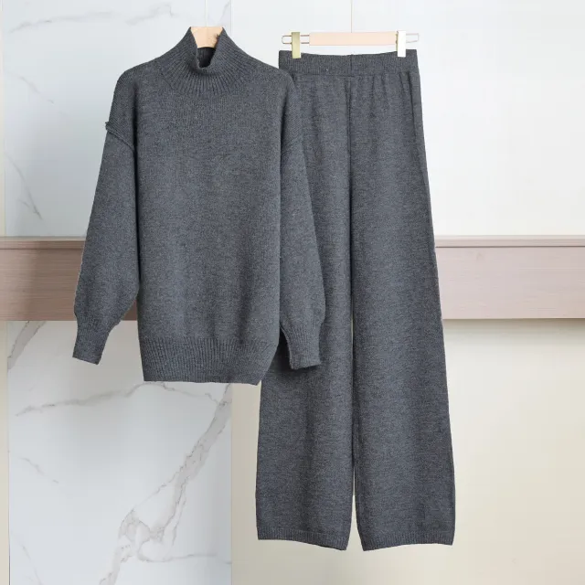 Casual Laid back Style Solid Color Loose High Collar Knitted Sweater Suit Black - Shop at LoveMi