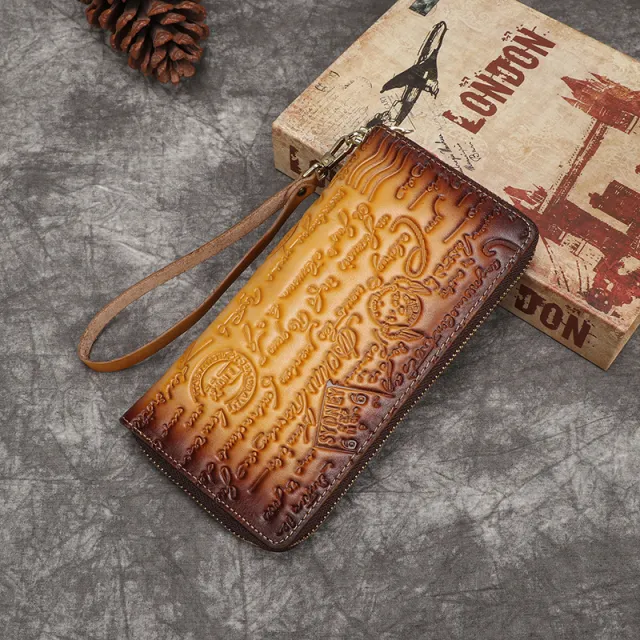 First Layer Cowhide Embossed Vintage Clutch Women's Wallet Yellow - Shop at LoveMi