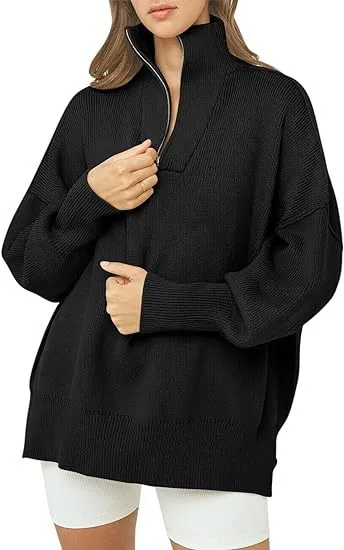 Women's Long Sleeve 14 Zip Pullover Split Solid Color Sweater Black - Shop at LoveMi