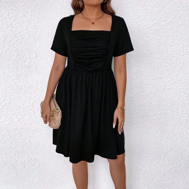 Plus Size Women's Clothing Square neck Cinched Short Sleeve Dress Black - Shop at LoveMi