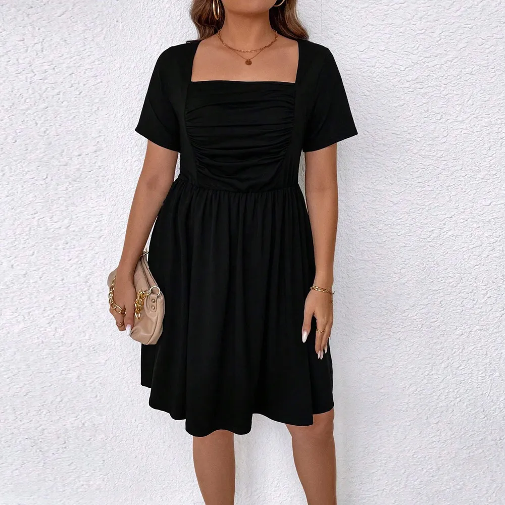 Plus Size Women's Clothing Square-neck Cinched Short Sleeve Dress - Black