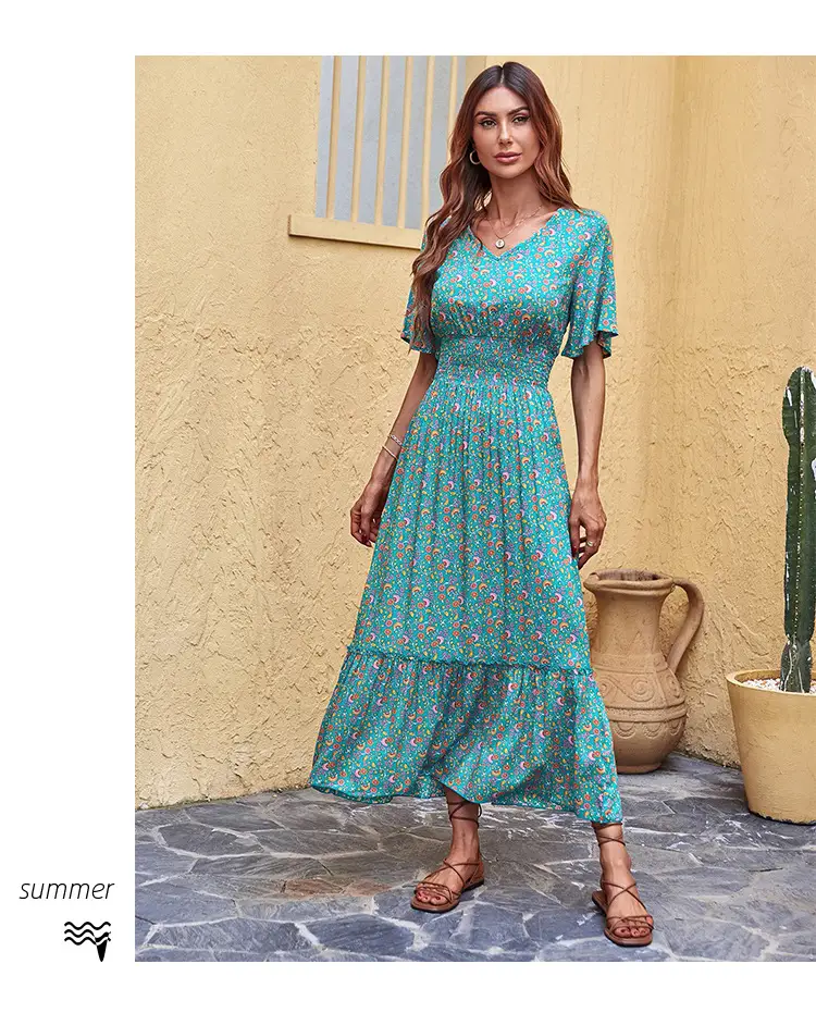Women's V-neck Beach Lace Printing Dress