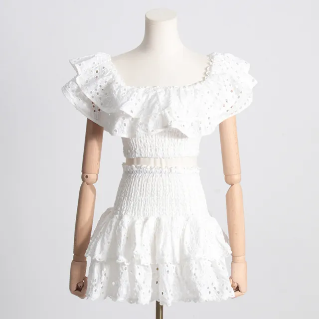 Seaside Vacation Style Two piece Collar Short Ruffled Shirt High Waist Skirt Outfit White - Shop at LoveMi
