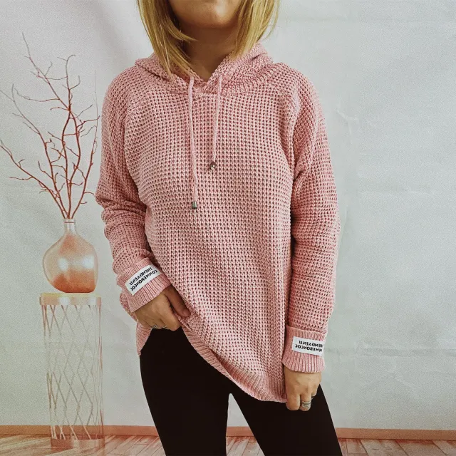 Women's Loose Hooded Knitted Patch Solid Color Sweater Pink - Shop at LoveMi