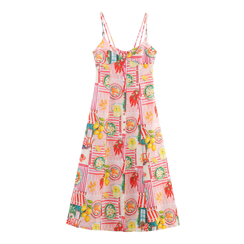 Summer Linen Blend Patchwork Printed Midi Skirt Sling Dress - Shop at LoveMi