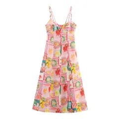 Summer Linen Blend Patchwork Printed Midi Skirt Sling Dress - View 1