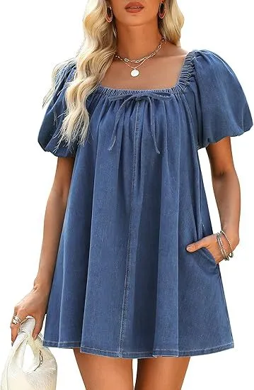Square Collar Puff Sleeve Lace up Elegant Denim Dress Blue - Shop at LoveMi