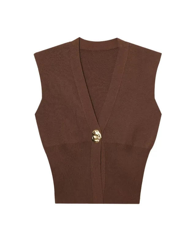 V neck Knitted Vest Top With One Button Brown - Shop at LoveMi