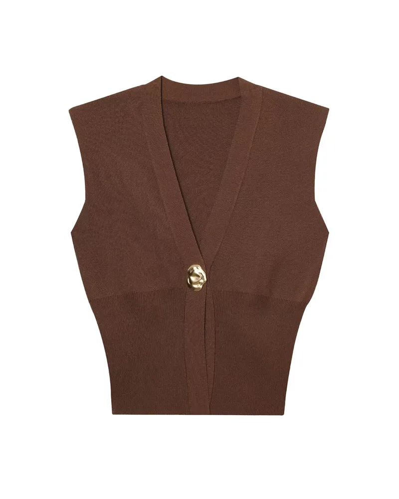 V-neck Knitted Vest Top With One Button - Brown