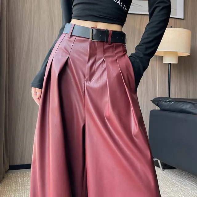 Suit Wide leg Leather Pants Women's High Waist Loose Angora Red Separate Pants - Shop at LoveMi