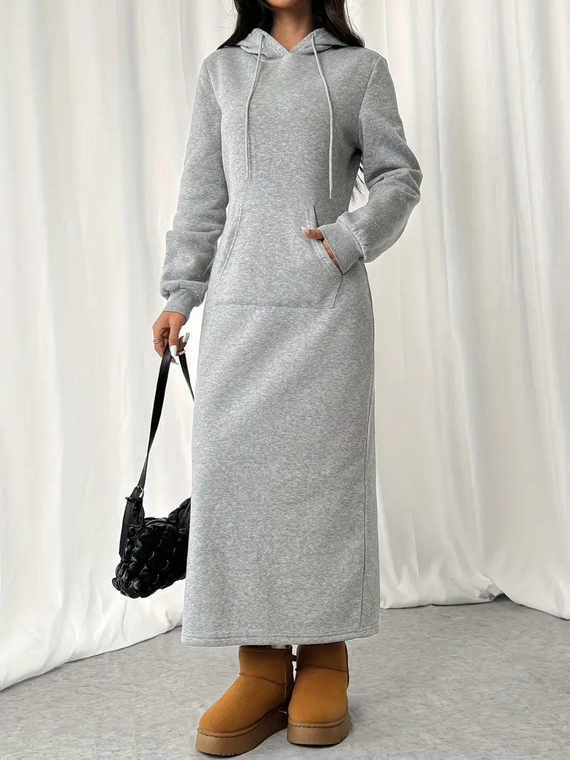 Casual Long Sleeve Drawstring Hoodie Dress Gray - Shop at LoveMi