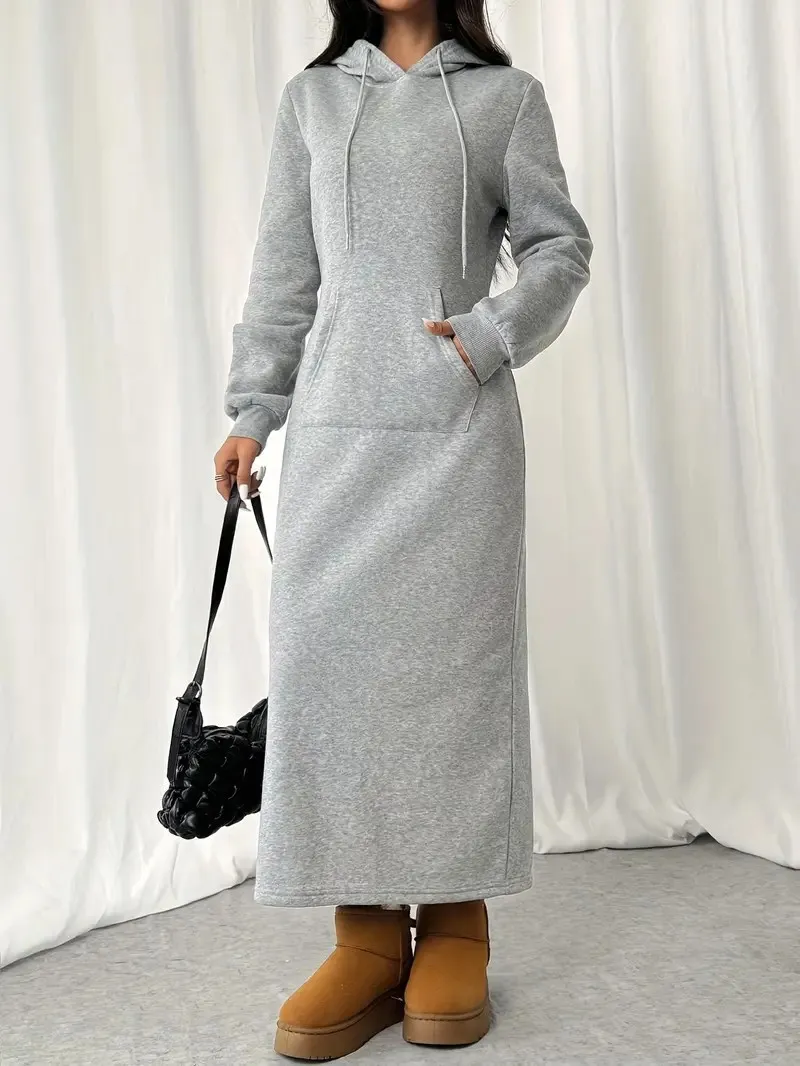 Casual Long Sleeve Drawstring Hoodie Dress - Gray