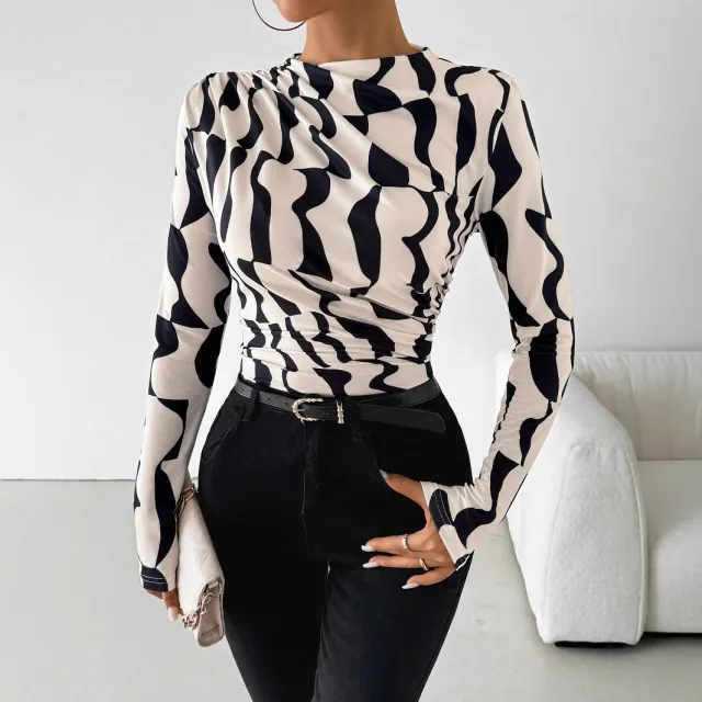 European And American Small Stand Collar Pleated Edge Printing Slim Fit Slimming Top Women Apricot - Shop at LoveMi