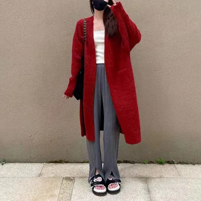 Idle Style Mid length Sweater Coat Women's Loose Pockets Knitted Cardigan Red - Shop at LoveMi