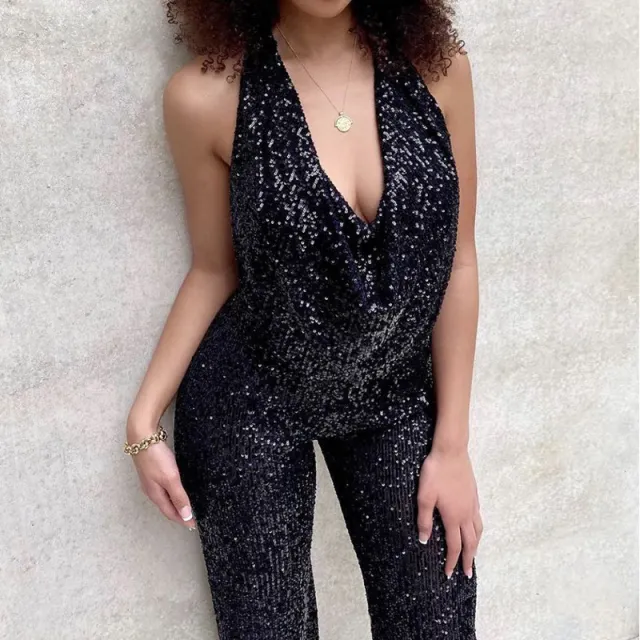 New Solid Color Sleeveless Sequined Suspender Jumpsuit Black - Shop at LoveMi