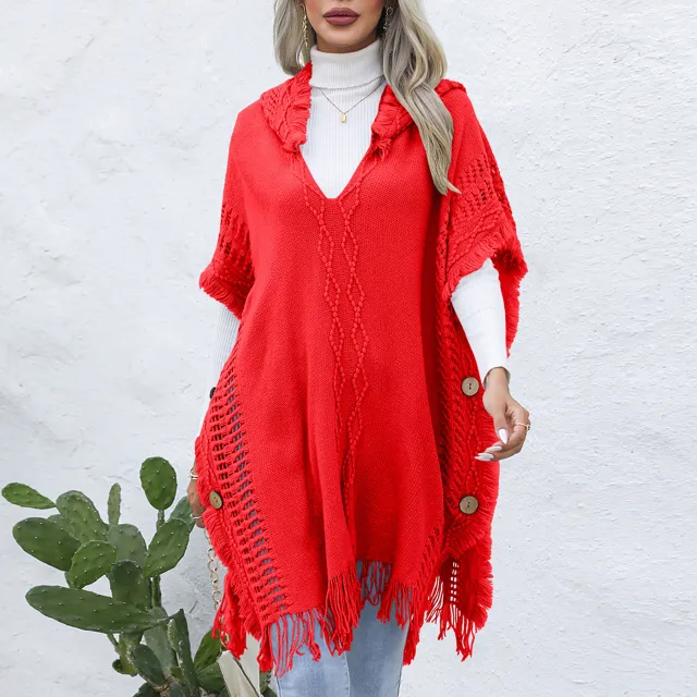 V neck Hooded Pullover Mid length Sweater Red - Shop at LoveMi