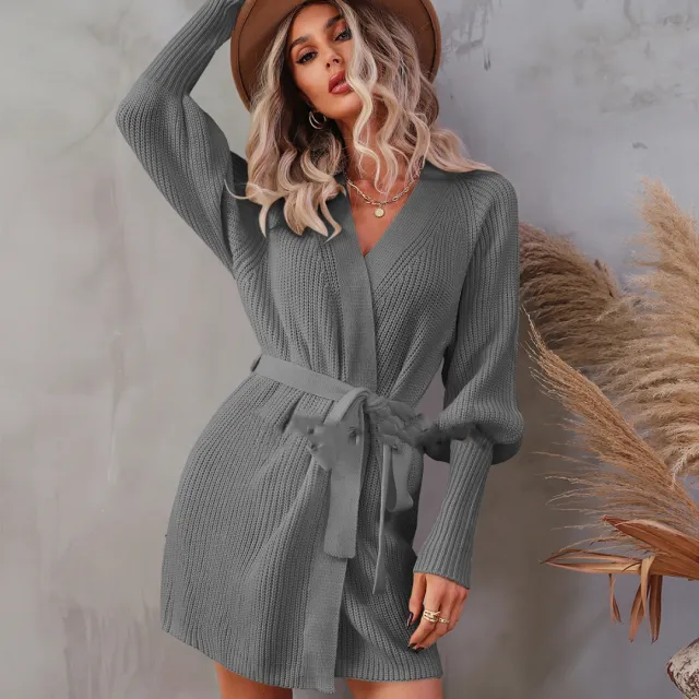Women's Solid Color Knitted Lace up Cardigan Sweater Dark Gray - Shop at LoveMi