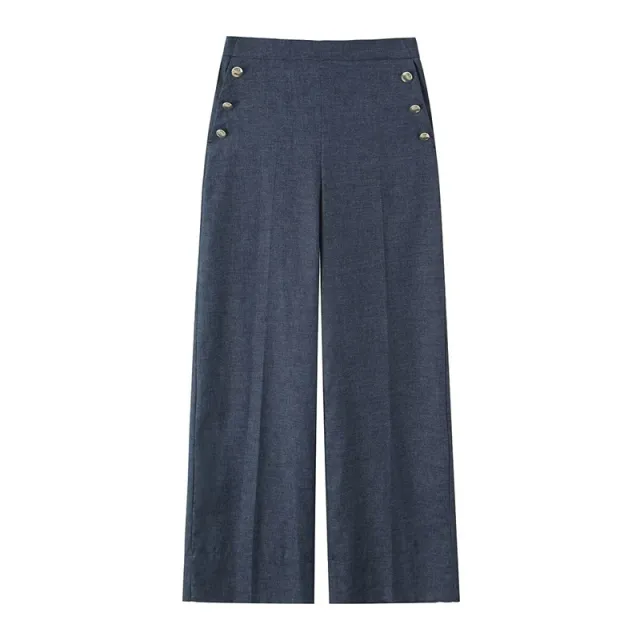 New Spring And Autumn Linen Button Decoration Wide Leg Pants - Shop at LoveMi