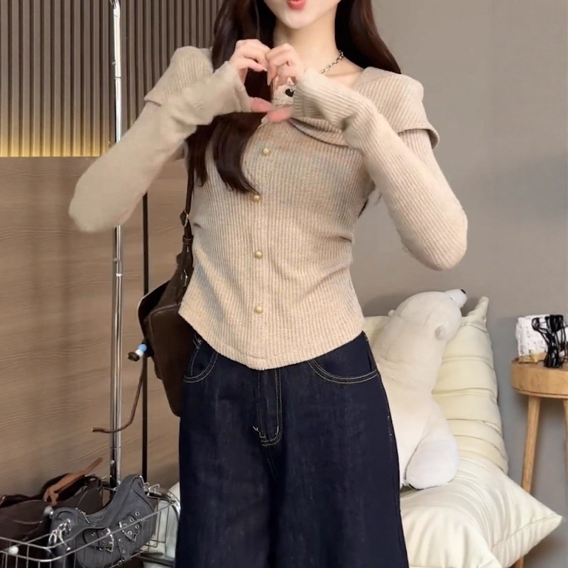 Elegant French Pleated Ruffle Long Sleeve Top - Khaki Elegant French Pleated Ruffle Long Sleeve Top - Khaki