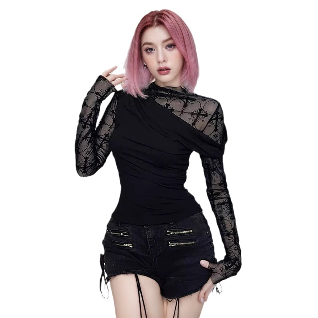 Womens Lace Bodycon Patchwork Hollow Long-Sleeve Top - Image 4