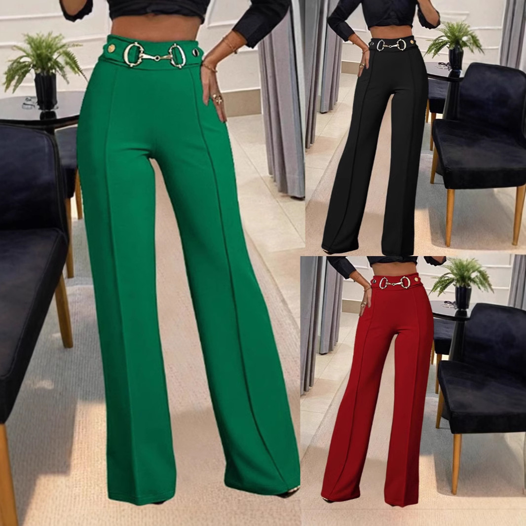 Solid-color High-waisted Womens Casual Straight-leg Pants