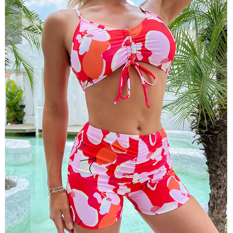 Printed Drawstring Shorts High Waist Bikini Swimsuit Swimwear - Zh289Re-S