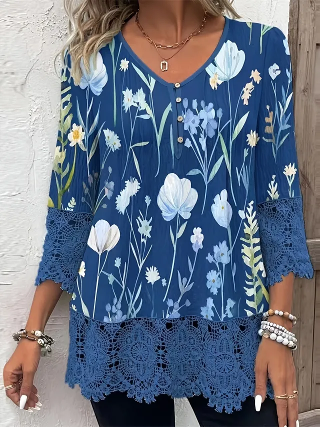 Women's Spring Stitching Lace Hem Printing Button Top Sapphire Blue - Shop at LoveMi