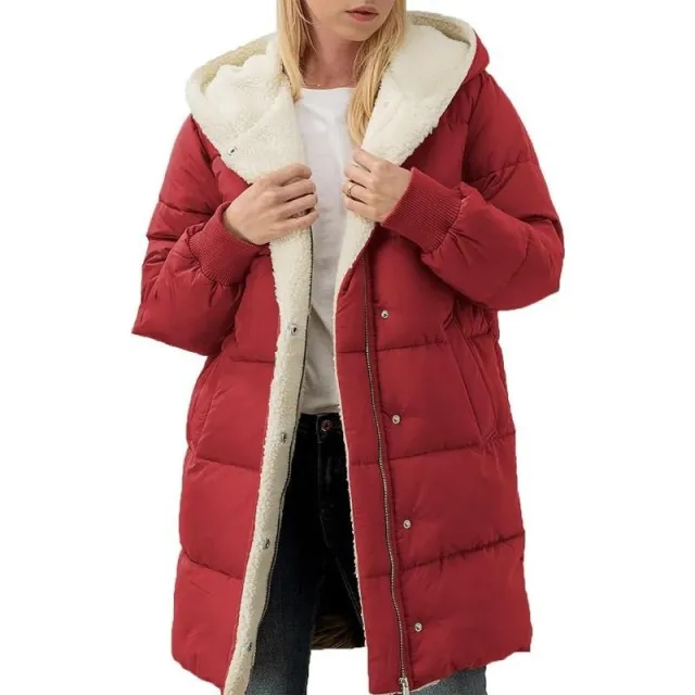 European And American Solid Color Hooded Cotton Jacket Long Sleeve Double sided Velvet Slim Elegant Cardigan Coat Red - Shop at LoveMi