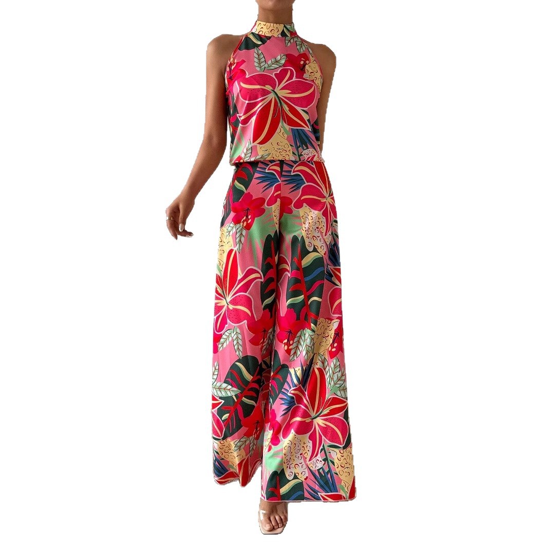 Womens Printed Crew-Neck Tank Top And Wide-Leg Pants Set