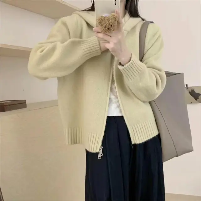 Idle Style Hooded Knit Cardigan Double Zipper Niche Design Cropped Sweater Coat Light Yellow - Shop at LoveMi