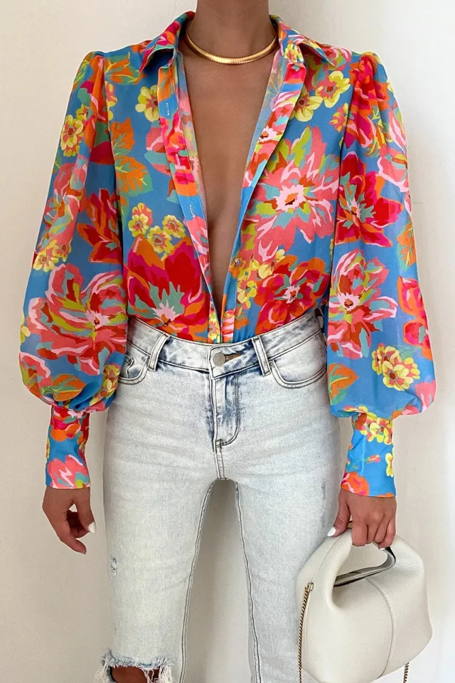 Women's Casual Bottoming Top Long sleeved Printed Shirt Blue - Shop at LoveMi