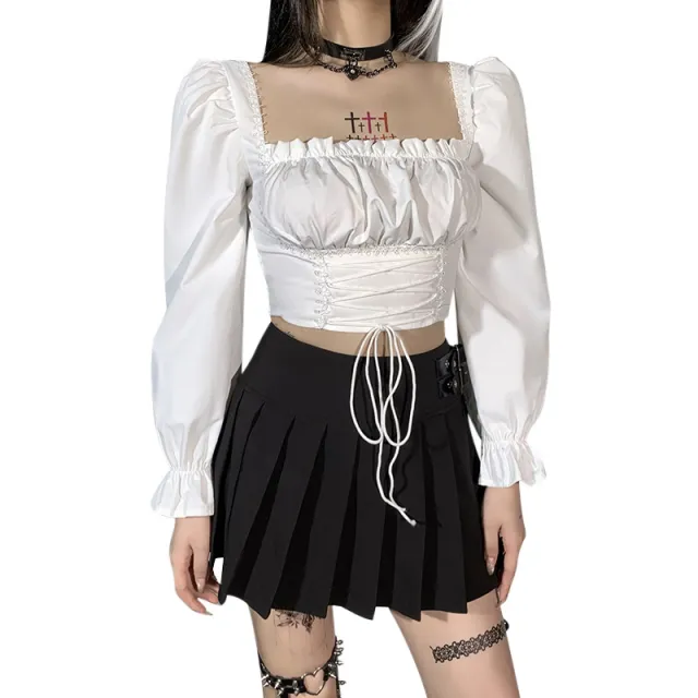 Women's Bell Sleeve Waist Trimming Lace Up Show Belly Long Sleeve T shirt White - Shop at LoveMi